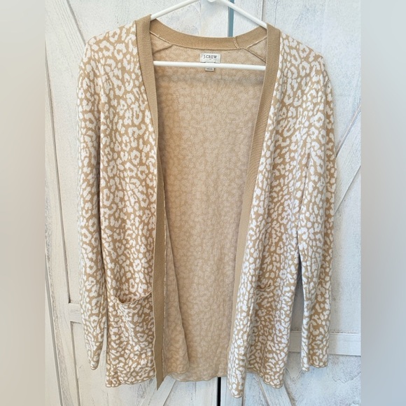 J. Crew Animal Print Cardigan Women's Small Tan & White Pockets Preppy Coastal - Picture 1 of 8